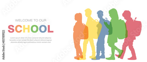Welcome to our school.Horizontal banner with silhouettes of schoolchildren.Vector illustration.