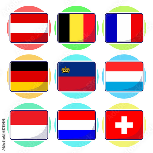 Free Download Western European countries. Flat rectangle vector element design, travel symbols, landmark symbols, geography and map flags emblem. - GFXLoad