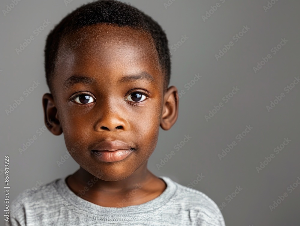 Young Boy in Casual Attire: African American Kid in Blank Expression on Dark Background Young Boy in Casual Attire: African American Kid in Blank Expression on Dark Background