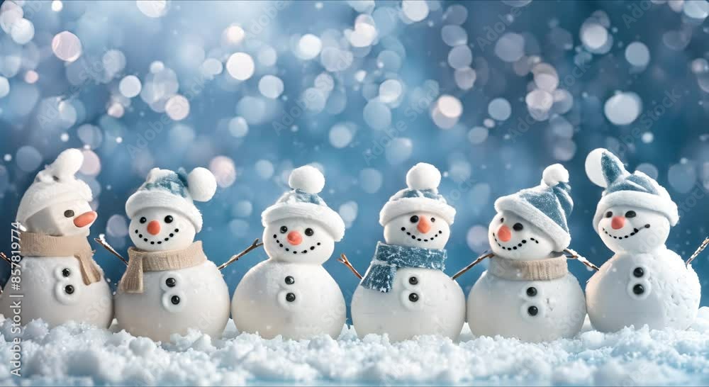 Winter background with a company of Christmas snowmen in the snow, snowflakes, with beautiful light and bokeh. Winter background with a company of Christmas snowmen in the snow, snowflakes, with beautiful light and bokeh.