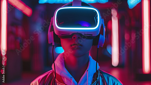 teenager wearing VR headset, playing with his goggles, ready for a game in a futuristic cyber world - Virtual reality, innovation and new technology abstract concept