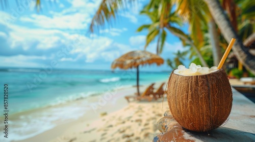 Wallpaper Mural Palm leaf and sandy beach with blurred ocean bokeh background Torontodigital.ca