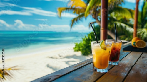 cocktail with a straw on the bar counter. beach with white sand and palm trees © Игорь Розводовский