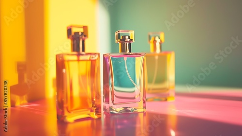 Light perfume bottles with reflections on yellow and pnk background photo