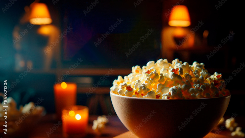 Bowl of popcorn in front of blurry TV screen Bowl of popcorn in front of blurry TV screen