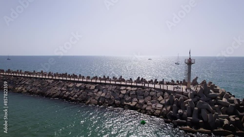 Drone shot of a breakwater and a lightshouse photo