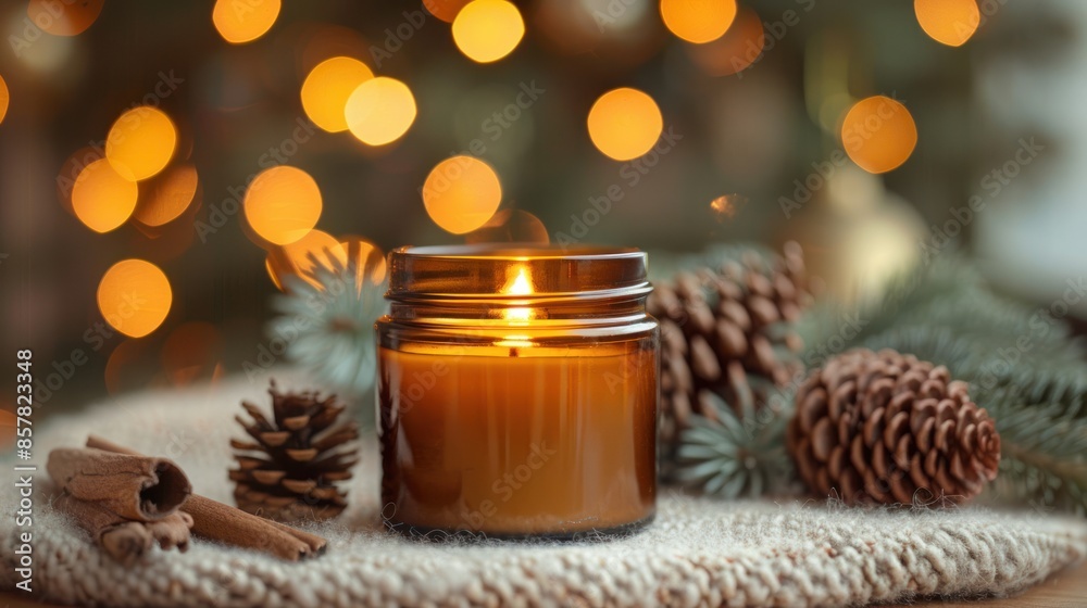 A Cozy Candlelit Scene with Pine Cones and Cinnamon Sticks