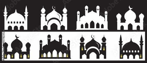 Print, set ikon masjid. ikon vektor ikon masjid, Black mosque emblem set. Vector illustration of a mosque. suitable for banners, icons, logos, posters, backgrounds.