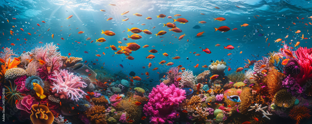 A vibrant coral reef teeming with life, with colorful fish darting among the intricate coral formations. A vibrant coral reef teeming with life, with colorful fish darting among the intricate coral formations.