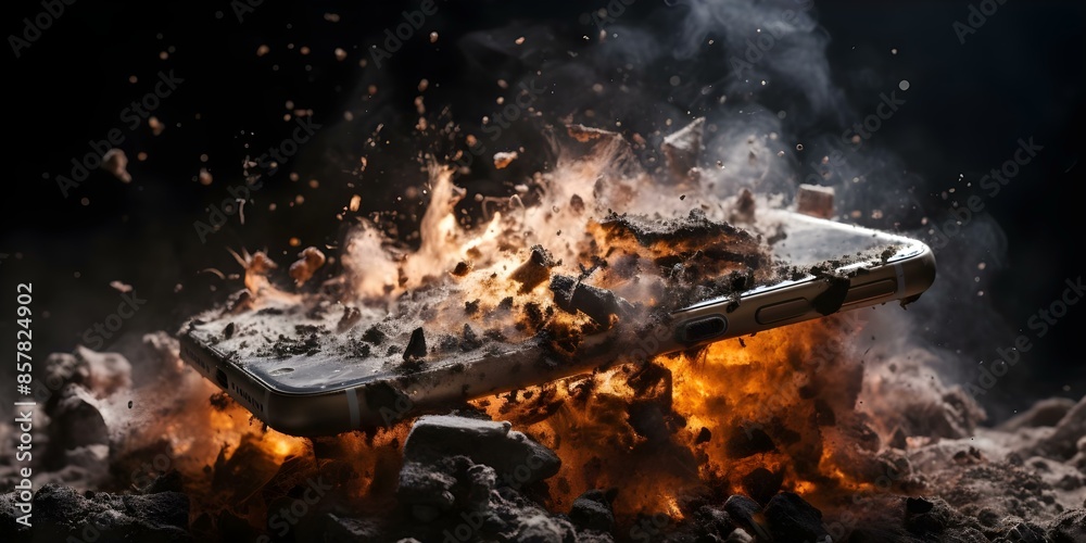 Fototapeta premium Smartphone explosion leads to fire and destruction due to overcharged battery. Concept Smartphone safety, Battery explosion risks, Fire hazards, Electronic devices safety, Emergency preparedness