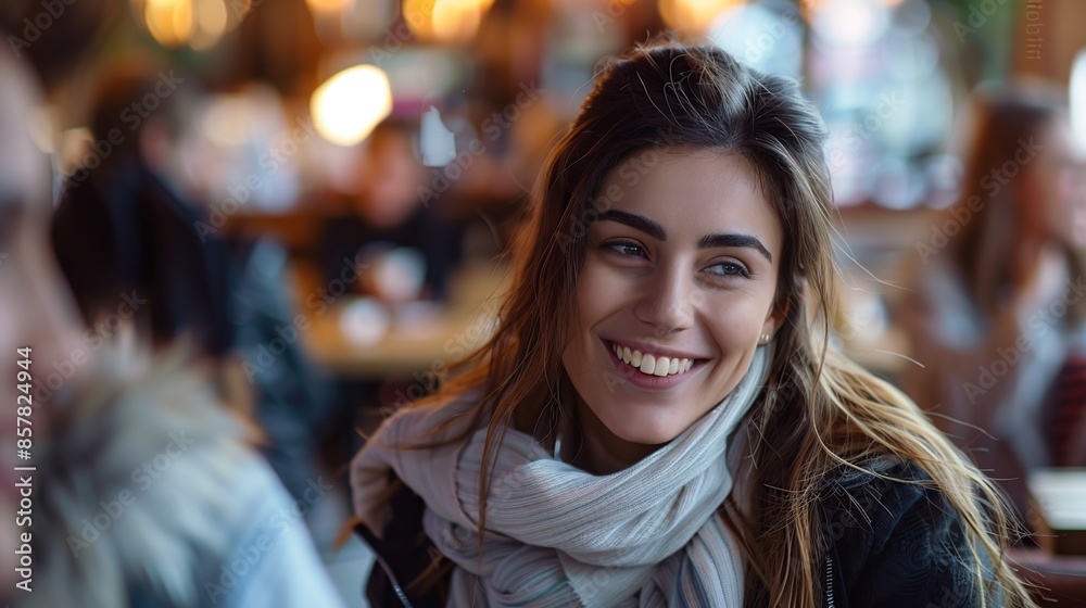 Fototapeta premium Beautiful young woman is chatting with her friend while smiling happily in a cafe