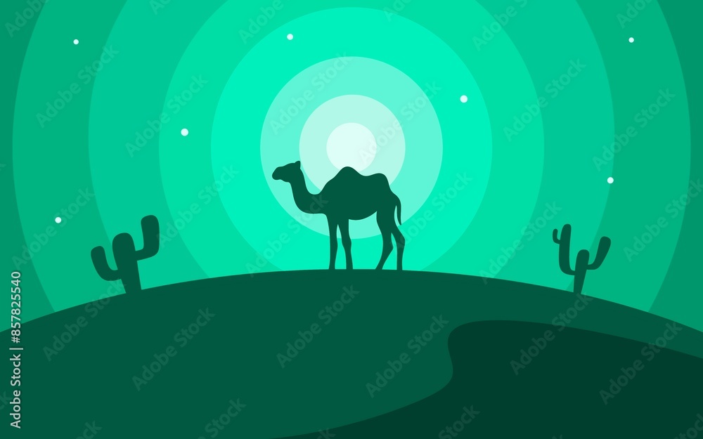 Landscape background illustration of desert and camel silhouettes with a modern green gradient sky design Landscape background illustration of desert and camel silhouettes with a modern green gradient sky design