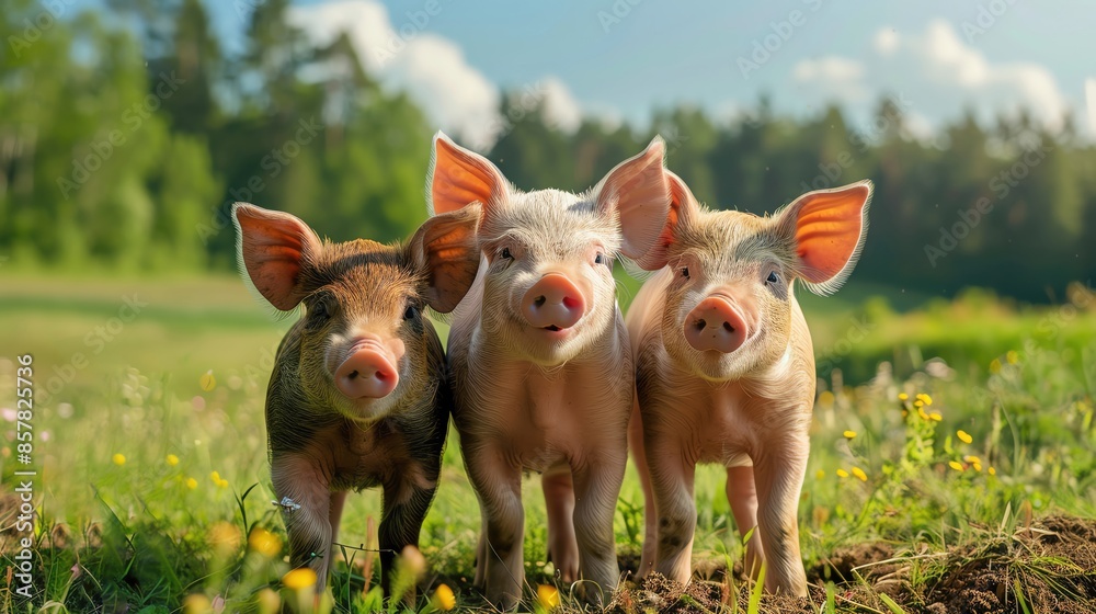 A three little pigs standing together in a meadow with a forest in the background