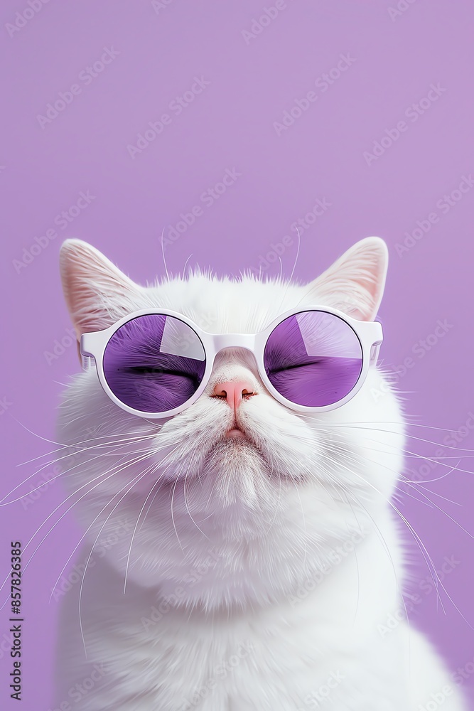 Cool white cat wearing purple sunglasses against a lavender background.