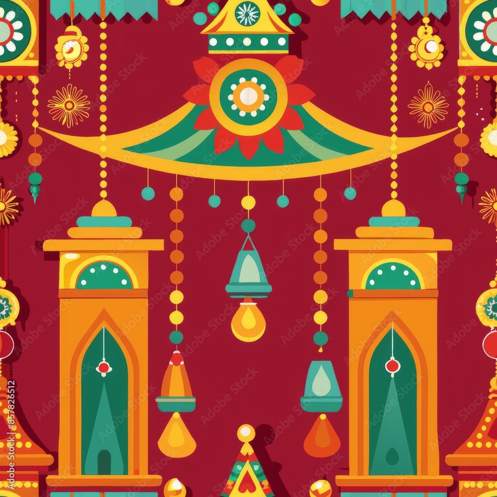 Seamless pattern of intricately designed torans (door hangings) adorned with bells, beads, and mirrors, Generative AI Seamless pattern of intricately designed torans (door hangings) adorned with bells, beads, and mirrors, Generative AI