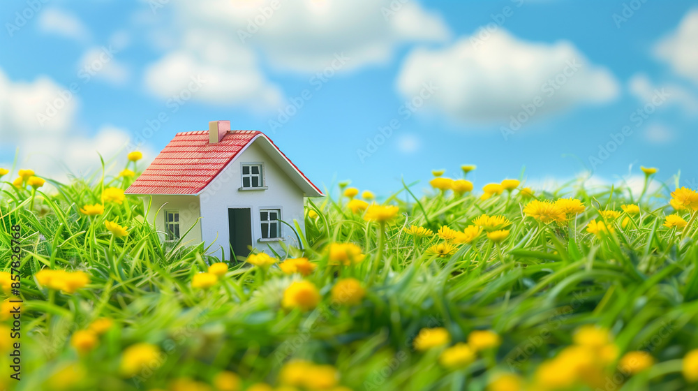 A miniature house model situated in a lush green field with yellow flowers under a clear blue sky. A miniature house model situated in a lush green field with yellow flowers under a clear blue sky.