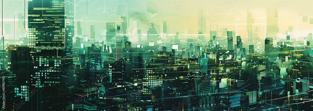 Futuristic Cityscape with Digital Overlay. A visually stunning futuristic cityscape filled with towering skyscrapers and advanced architecture, illuminated by a digital overlay of neon lights and holo Futuristic Cityscape with Digital Overlay. A visually stunning futuristic cityscape filled with towering skyscrapers and advanced architecture, illuminated by a digital overlay of neon lights and holo