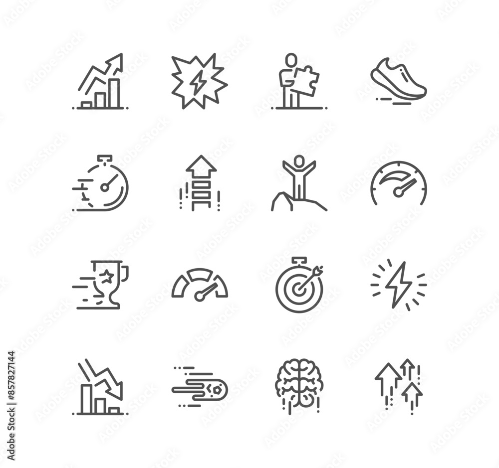 Set of performance related icons, sprint, boost, brain, gain, power, speed, graph and linear variety vectors.
Set of performance related icons, sprint, boost, brain, gain, power, speed, graph and linear variety vectors.
