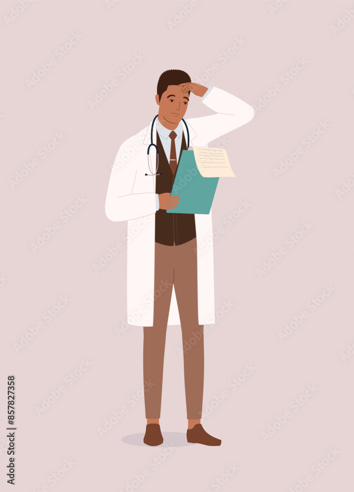 One Worried Black Male Doctor Looking At The Medical Report. Full Length. One Worried Black Male Doctor Looking At The Medical Report. Full Length.