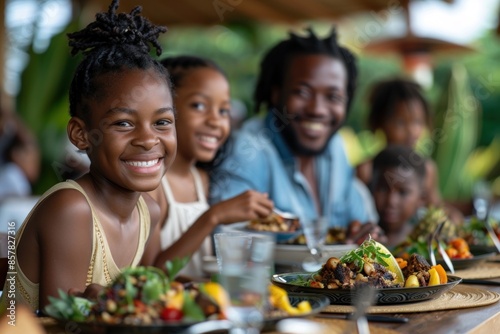 A family enjoys a meal together, using reusable plates and utensils, emphasizing the joy of sustainable living and reducing single-use plastics. photo
