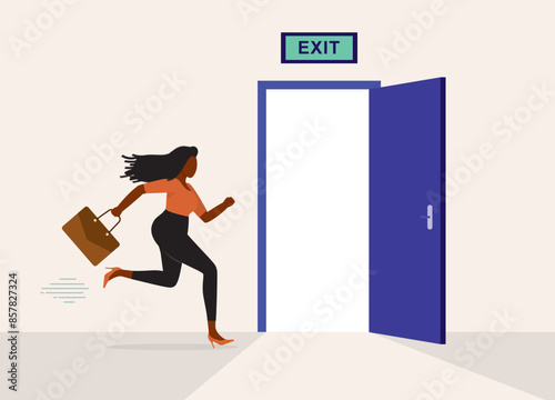 One Black Businesswoman With Briefcase Running Fast Towards The Exit Door.