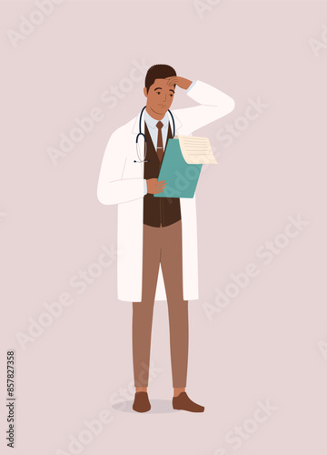 One Worried Black Male Doctor Looking At The Medical Report. Full Length.