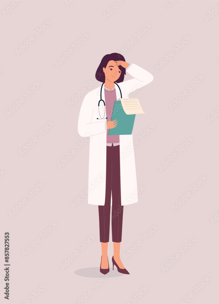 One Worried Female Doctor Looking At The Medical Report. Full Length. One Worried Female Doctor Looking At The Medical Report. Full Length.