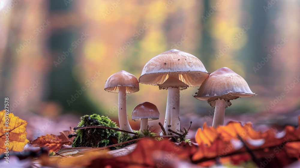 macro fografia de cuantro setas sobre el suelo en el bosque en otoño. Hongos en la naturaleza macro fografia de cuantro setas sobre el suelo en el bosque en otoño. Hongos en la naturaleza