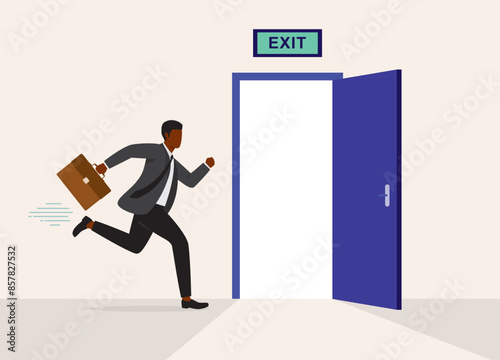 One Black Businessman With Briefcase Running Fast Towards The Exit Door.