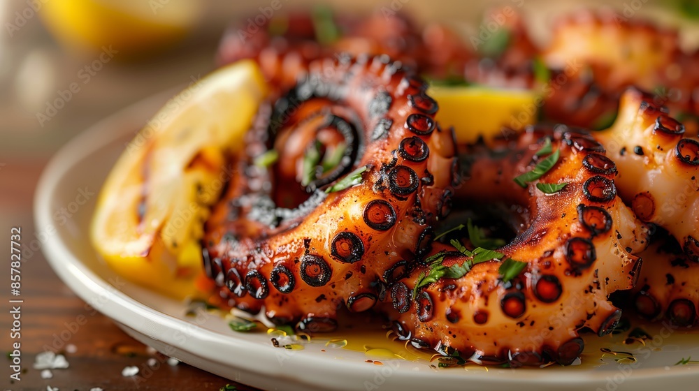 Close-Up of Perfectly Grilled Octopus Tentacle with Lemon Wedges and Fresh Herbs Close-Up of Perfectly Grilled Octopus Tentacle with Lemon Wedges and Fresh Herbs