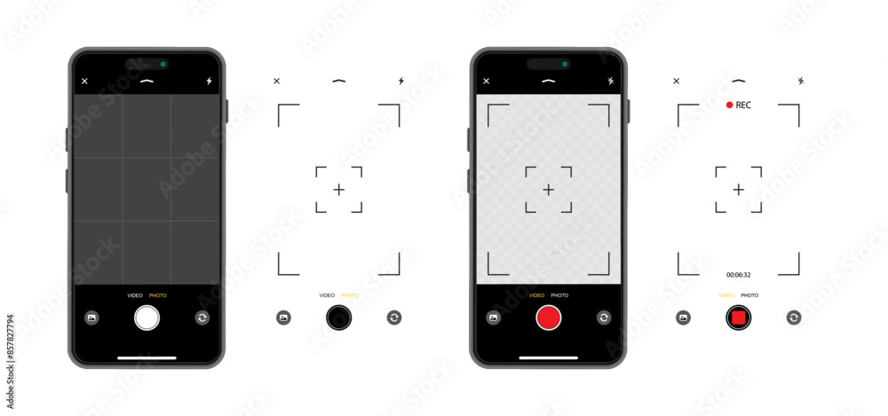 © Jer - Smartphone Camera Interface: Viewfinder, Grid, Buttons, Lights, and Focus Controls in Mobile Photography Apps. Vector