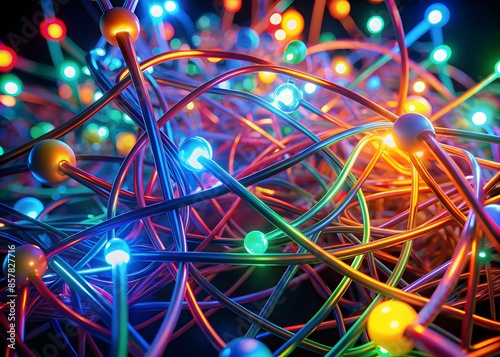 3D Illustration Of A Bunch Of Colorful Glowing Interconnected Wires And Nodes On A Dark Background.