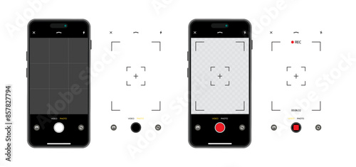 Smartphone Camera Interface: Viewfinder, Grid, Buttons, Lights, and Focus Controls in Mobile Photography Apps. Vector photo