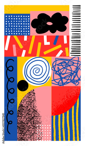 Retro flowers colorful geometric poster background, vector abstract circle, triangle and square lines art. Hand drawing lines. Trendy pattern background pop-art