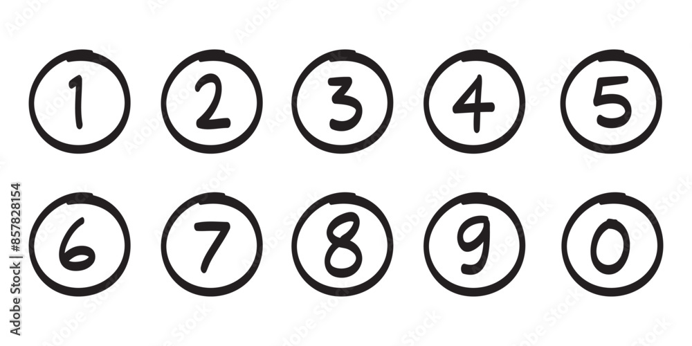 Hand drawn simple round numbers in flat style, Collection of numbers 1-0 simple black symbol signs for apps, UI and websites, doodle art Hand drawn simple round numbers in flat style, Collection of numbers 1-0 simple black symbol signs for apps, UI and websites, doodle art