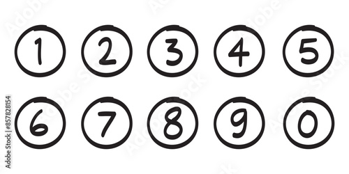 Hand drawn simple round numbers in flat style, Collection of numbers 1-0 simple black symbol signs for apps, UI and websites, doodle art