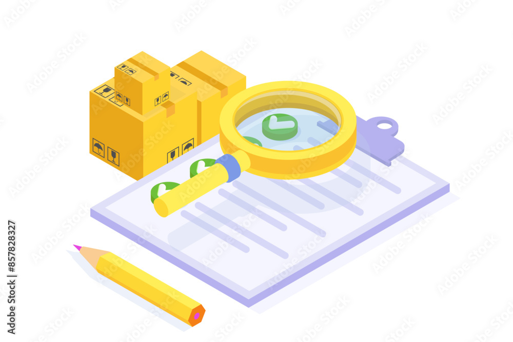 Inventory control system, check inventories before shipping concept.Isometric Vector illustration.