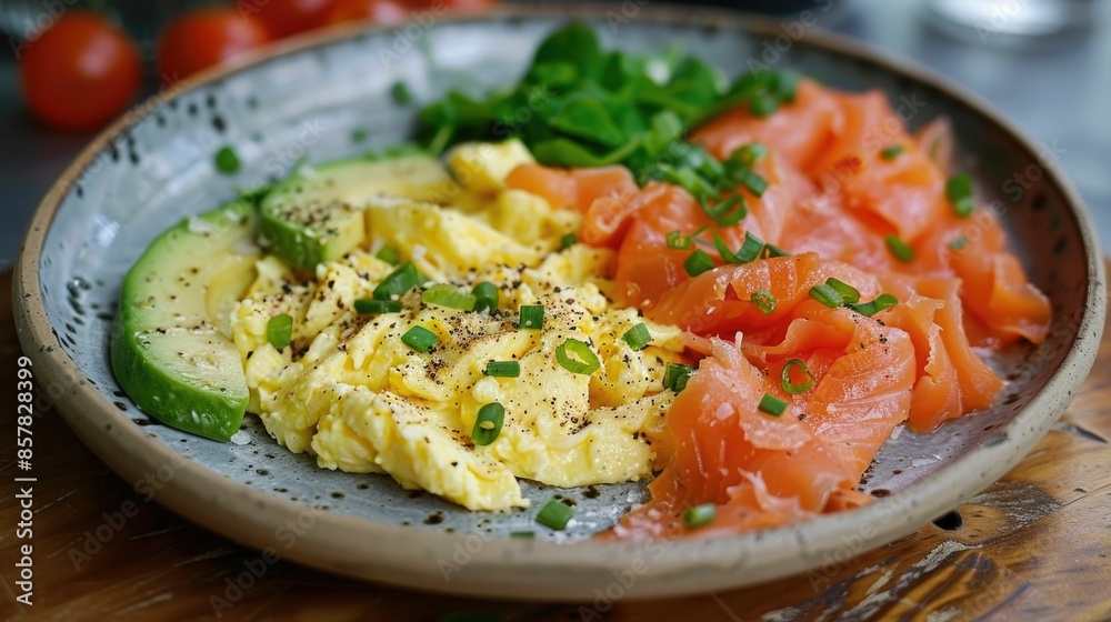 Plate of nutritious scrambled eggs with creamy avocado and flavorful smoked salmon presented on a wooden table for a healthy delicious breakfast or brunch Plate of nutritious scrambled eggs with creamy avocado and flavorful smoked salmon presented on a wooden table for a healthy delicious breakfast or brunch