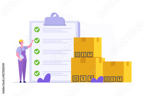 Inventory control system, check inventories before shipping concept. Vector illustration.