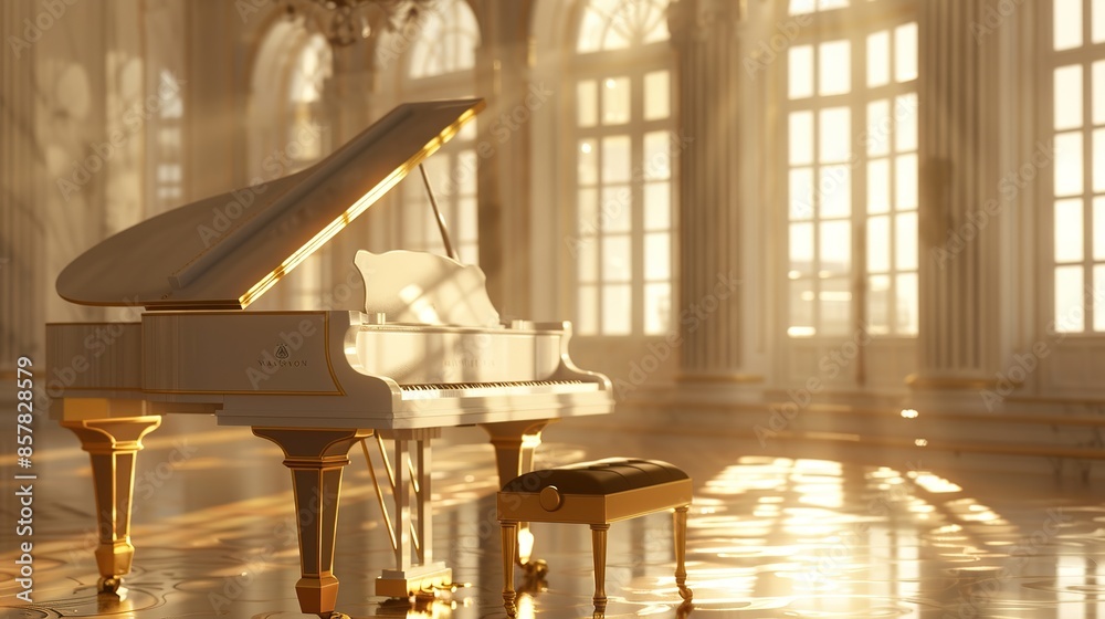 Fototapeta premium Elegant 3D Rendering of a Gorgeous Piano with Stage Atmosphere and Soft Light, Showcasing Bright Melody and Clear Details in High-Definition. Perfect for Music and Concert Themes
