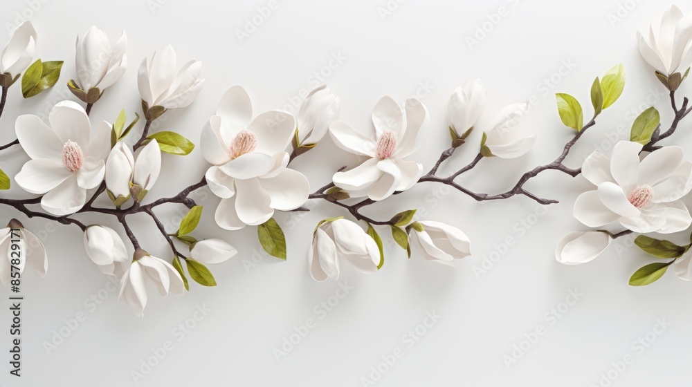 Obraz premium Beautiful blooming white magnolia flowers, spring background. White spring flowers on a branch, background with space for copy, text and advertising