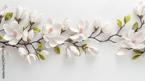 Beautiful blooming white magnolia flowers, spring background. White spring flowers on a branch, background with space for copy, text and advertising © May