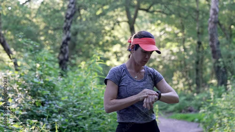woman running in forest - wooded workout - fitness in nature woman running in forest - wooded workout - fitness in nature