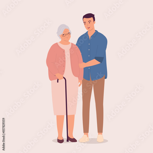 Smiling Adult Man Holding Arm Of A Senior Woman With Walking Cane. Full Length.