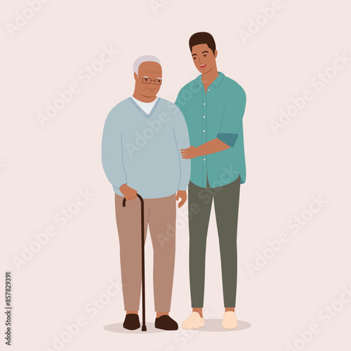 Smiling Black Adult Man Holding Arm Of A Senior Man With Walking Cane.