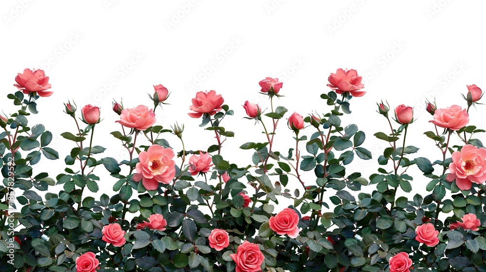Beautiful rose flowers growing abundantly on bushes isolated on white background Beautiful rose flowers growing abundantly on bushes isolated on white background