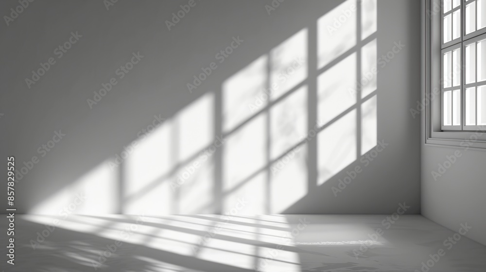 Empty room with white walls and floors with shadows of sunlight coming in from the windows Empty room with white walls and floors with shadows of sunlight coming in from the windows