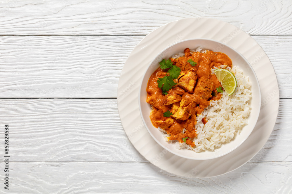 indian spiced fish curry, salmon masala, top view indian spiced fish curry, salmon masala, top view