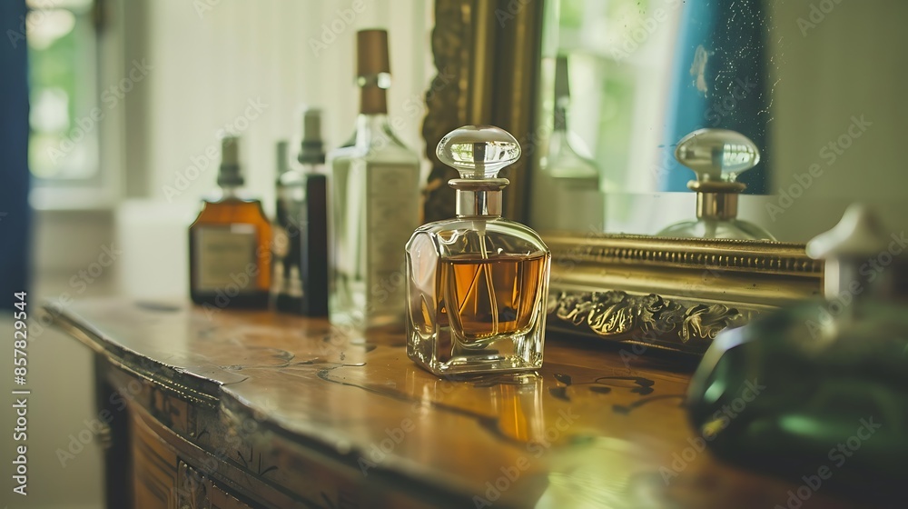 Old perfume bottle in front of mirror Old perfume bottle in front of mirror