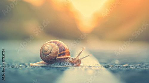 A close-up of a snail slowly crawling on a road, illuminated by a warm, golden sunset, symbolizing perseverance and journey. photo